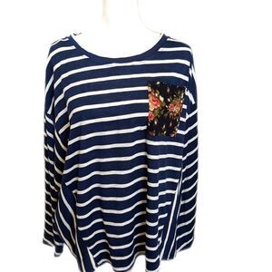 5/$55 Umgee cotton blend 3/4 sleeves navy & white stripes w/ floral panel M